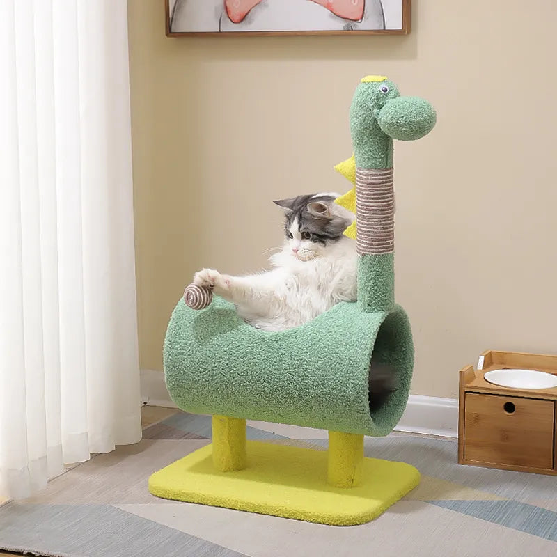 Dinosaur-Shaped Cat Tree with Scratching Post and Cave