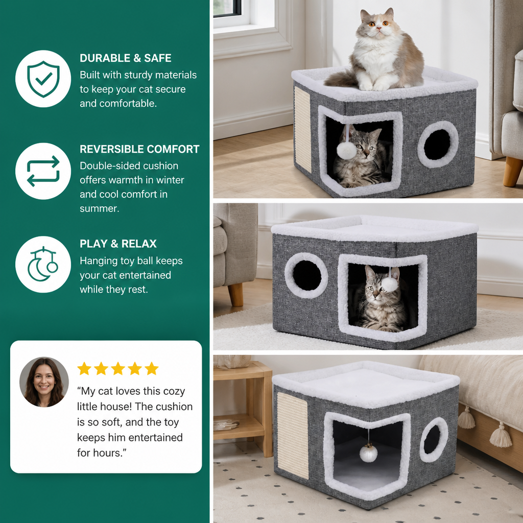 Modern Foldable Cat House with Double-Sided All-Season Cushion & Hanging Toys
