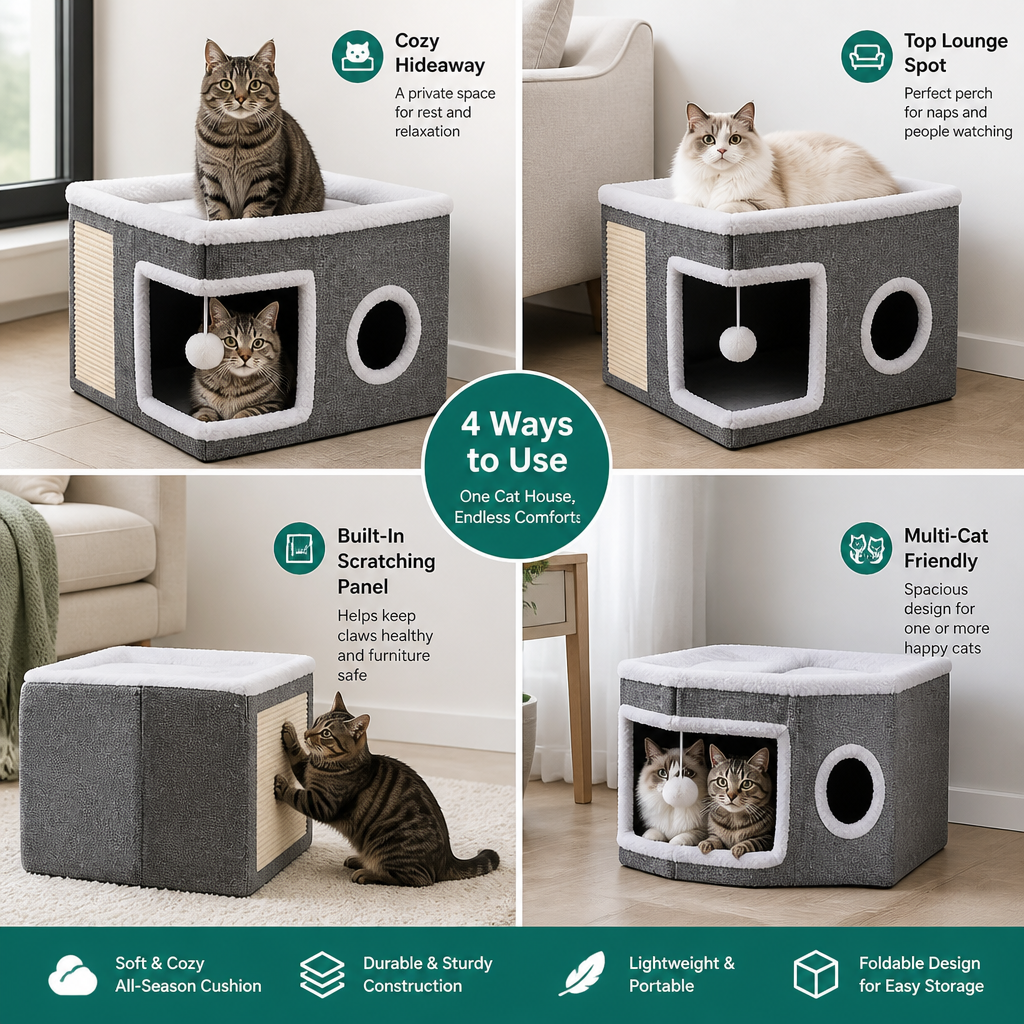 Modern Foldable Cat House with Double-Sided All-Season Cushion & Hanging Toys