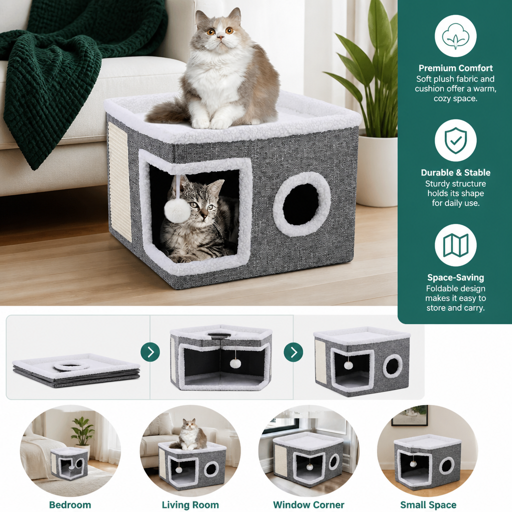 Modern Foldable Cat House with Double-Sided All-Season Cushion & Hanging Toys