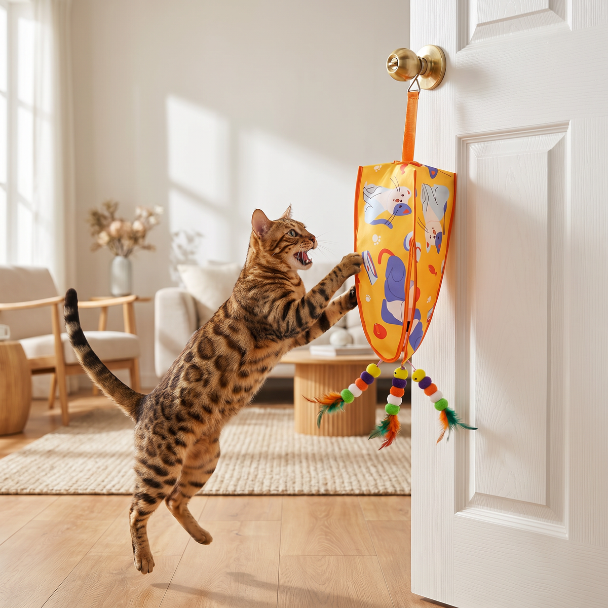 Automatic Hanging Cat Toy with Feather Teasers & Sound