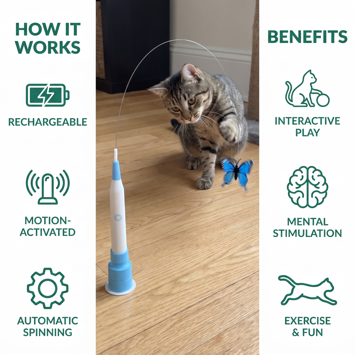 Interactive Spinning Butterfly Cat Toy – Rechargeable Motion Teaser Wand