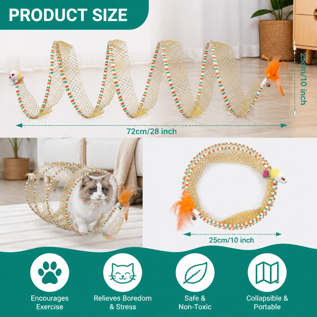 Collapsible Spiral Cat Play Tunnel with Feather Bells