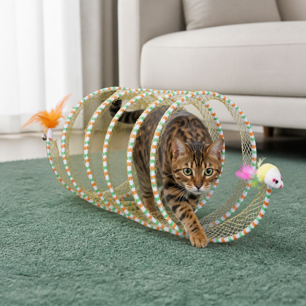 Collapsible Spiral Cat Play Tunnel with Feather Bells