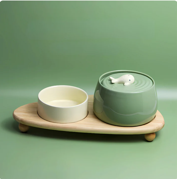 Elegant Feeding Station With Ceramic Bowls And Wooden Base