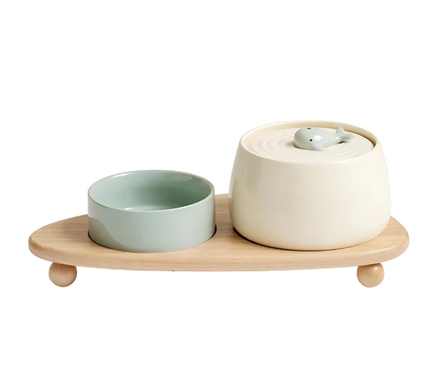 Elegant Feeding Station With Ceramic Bowls And Wooden Base