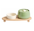 Elegant Feeding Station With Ceramic Bowls And Wooden Base