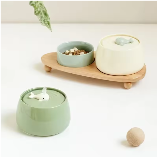 Elegant Feeding Station With Ceramic Bowls And Wooden Base
