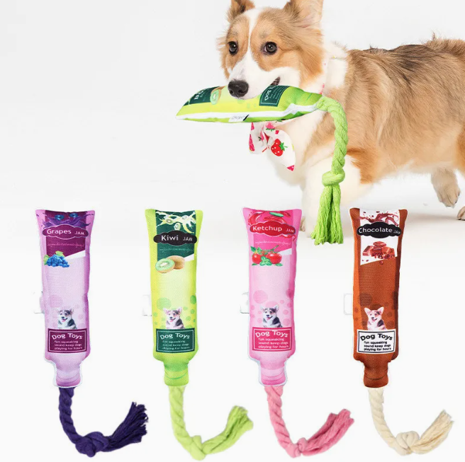 Fruit Jam Dog Toys – Squeaky Toy with Chew and Tug Rope