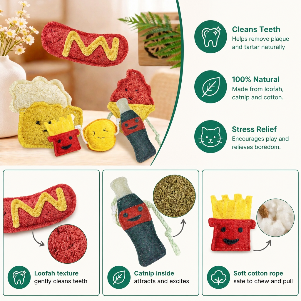 Teeth-Cleaning Catnip Chew Toys – Natural Loofah Dental Care & Play Set