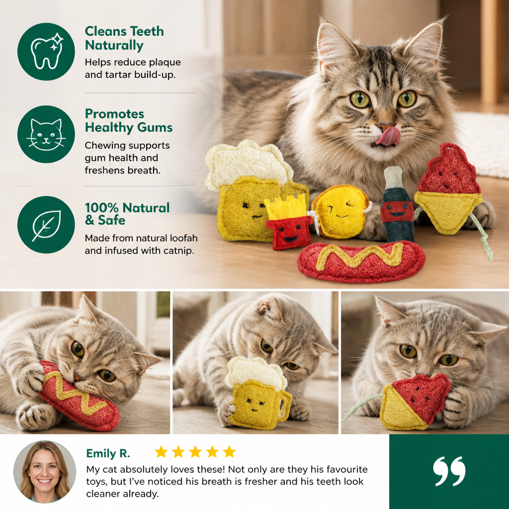 Teeth-Cleaning Catnip Chew Toys – Natural Loofah Dental Care & Play Set