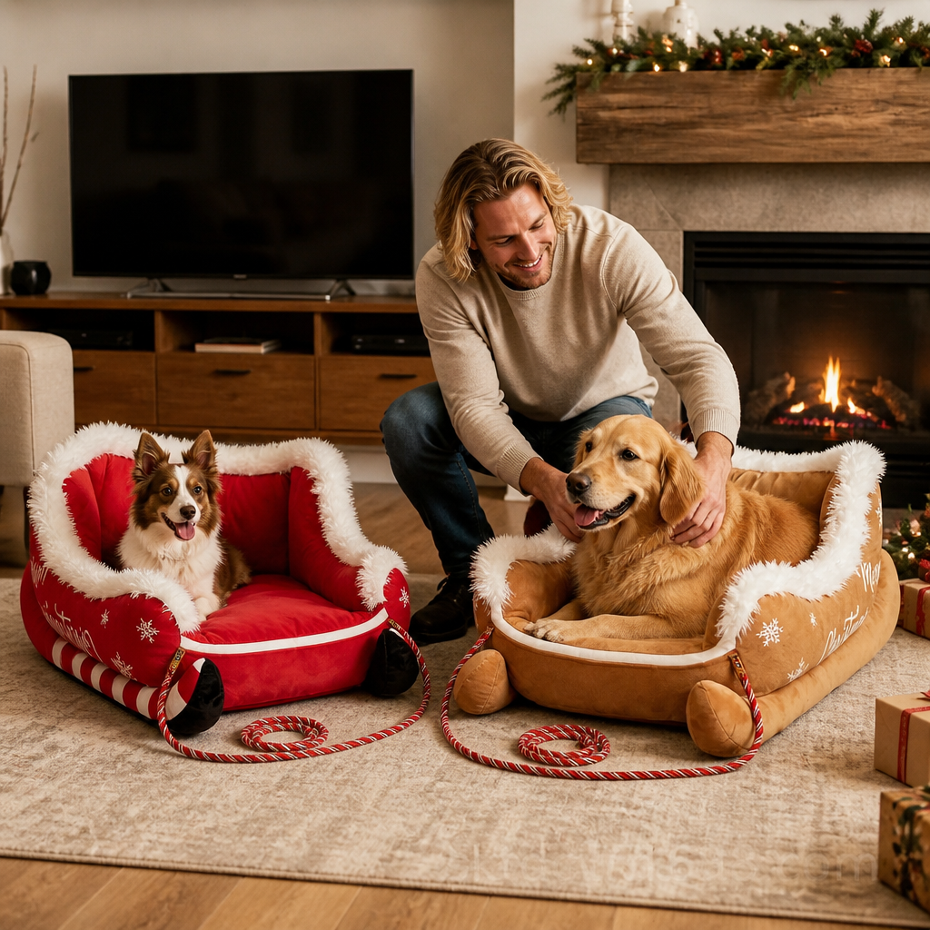 Christmas Sleigh-Shaped Plush Pet Bed with Washable Waterproof Cover