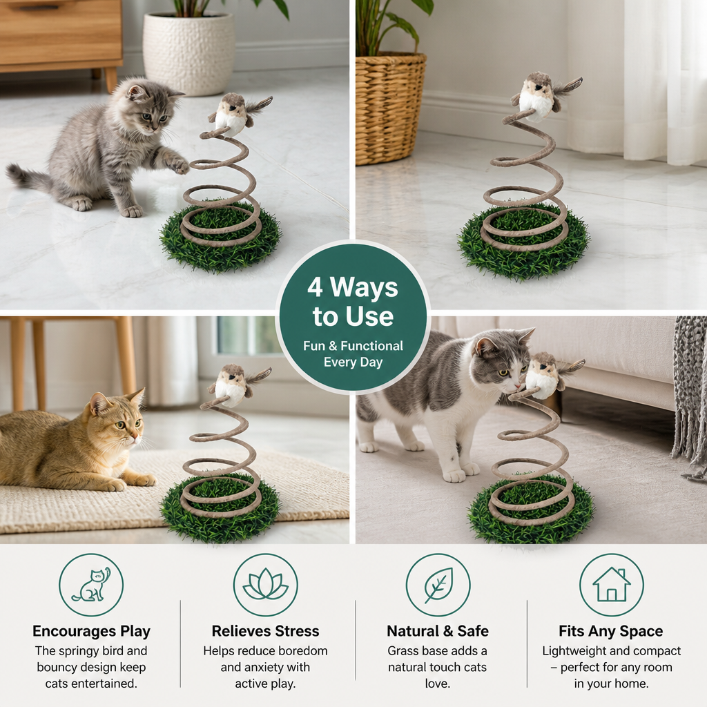 Interactive Spring Bird Cat Toy with Grass Base